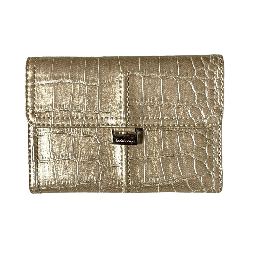 Liz Claiborne Metallic Crocodile Embossed Trifold  Wallet Gold